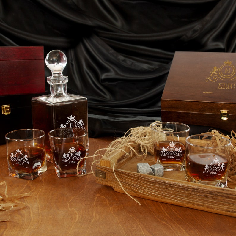 Custom Whiskey decanter Set, Christmas gift, Corporate gift, Personalized Whisky Glass Set with Whiskey Stones and Wood Box image 2