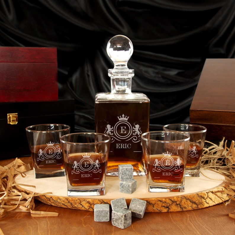 Custom Whiskey decanter Set, Christmas gift, Corporate gift, Personalized Whisky Glass Set with Whiskey Stones and Wood Box image 3