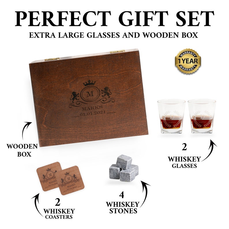 Whiskey Glasses with Wooden Box, Personalized Engraved Whiskey Glasses, Anniversary Gifts for Husband, Monogrammed Whiskey Glasses image 5