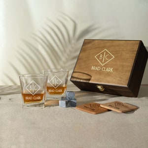 Whiskey Glasses with Wooden Box, Personalized Engraved Whiskey Glasses, Anniversary Gifts for Husband, Monogrammed Whiskey Glasses