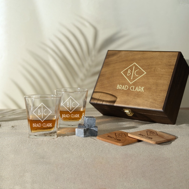 Whiskey glasses with wooden box Personalized whiskey glass image 1