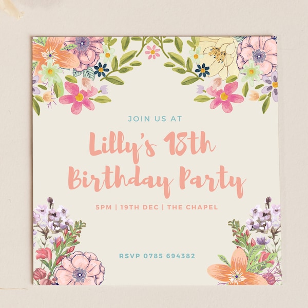 Wildflower Birthday Invitation | Personalised Birthday Invitation | Editable Birthday Invitation | Colourful  Invitation | Phone Invitation