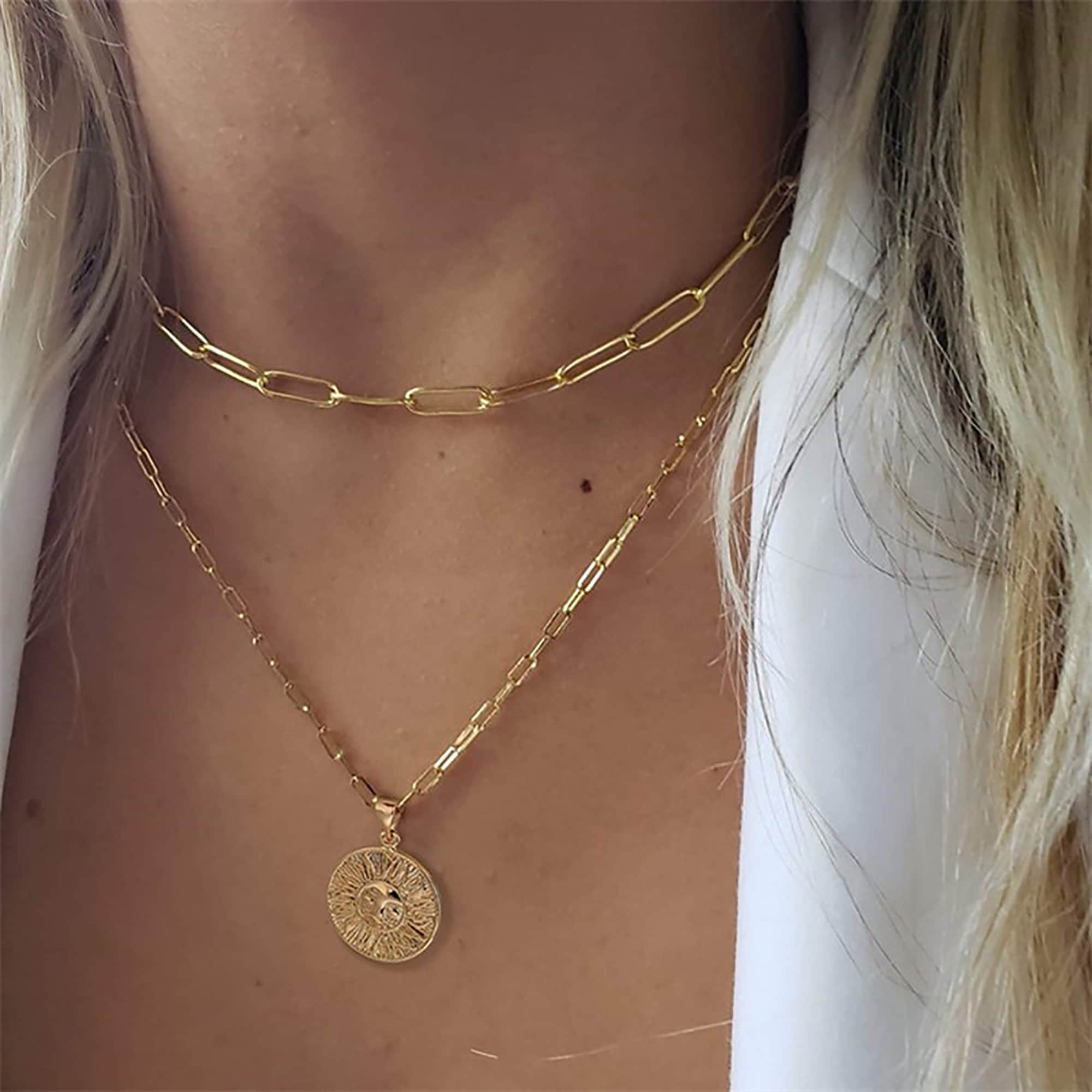18K Gold Link Choker With Gold Sun Coin Chain Set Link Chain | Etsy