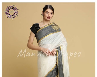 Kerala Kasavu with Plain body and Black Jecord Border | Bridesmaid wear | Best gift for Mom and Sister | Wedding wear