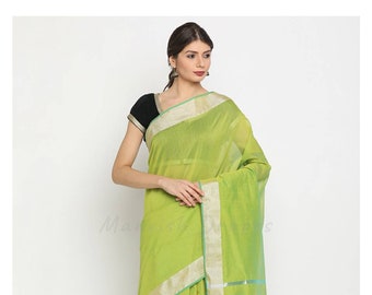 Chanderi Silk Cotton- Solid Plain Lemonish Green with Silver Border for any Occasion.