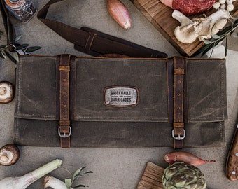 12 Sloth Super Size Canvas & Leather Chef Knife roll bag -Khaky Green. Premium quality XL Kniferoll / Chefs bag. Gift Idea. Water repellant.