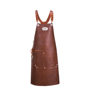 May include: Brown leather apron with adjustable straps and a chest pocket. The apron has a rectangular metal tag that reads "BRICKWALLS BARB CASES". The apron has a large front pocket and a loop for hanging tools.