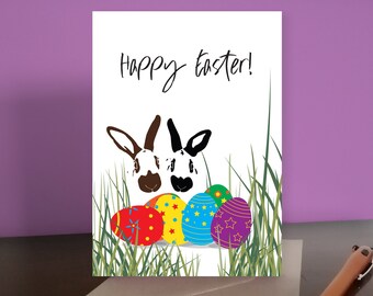 Easter Card, Easter Bunnies with Easter Eggs
