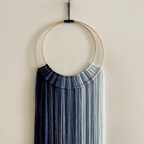 Shades of Blue Hoop and Yarn Wall Hanging / Macrame Wall Hanging / Modern Boho Decor / Nursery and Dorm Decor