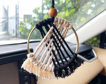Macrame Hoop Car Charm: Boho Rearview Mirror Decor