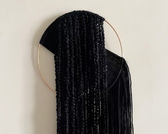 Modern Black Asymmetrical Hoop Yarn Wall Hanging / Black Boho Wall Hanging / Black Modern Home Decor / Dorm Decor