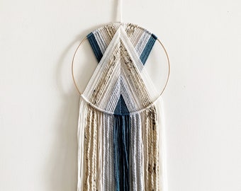 Blue and White Yarn Hoop Wall Hanging / Modern Boho Decor