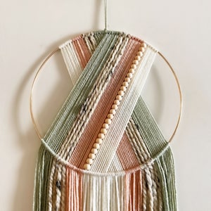 Light Green and Pink Beaded Yarn Hoop Wall Hanging / Macrame Wall Hanging / Nursery and Dorm Decor / Modern Dreamcatcher