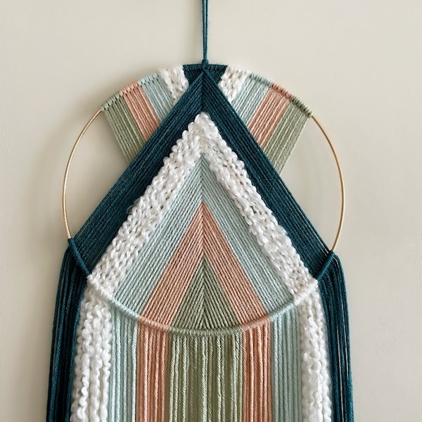 Teal Blue Pink and Green Yarn Hoop Wall Hanging / Modern Boho Decor / Macrame Wall Hanging / Nursery Decor