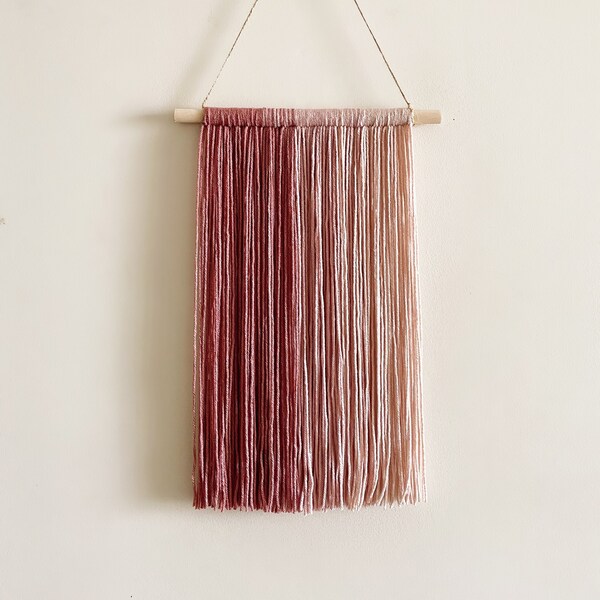 Ombre Pink Yarn Wall Hanging on Wood Rod / Pink Nursery Decor / Macrame Wall Hanging