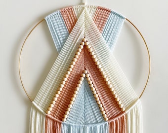 Beige Light Pink and Light Blue Beaded Yarn Hoop Wall Hanging / Macrame Wall Hanging / Nursery and Dorm Decor / Modern Boho Decor