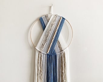 Blue and White Hoop Yarn Wall Hanging / Beaded Wall Hanging / Macrame Wall Hanging / Nursery Decor