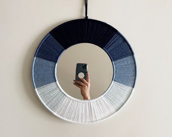 Blue Shades Macrame Mirror / Yarn Macrame Wall Hanging / Nursery and Dorm Decor