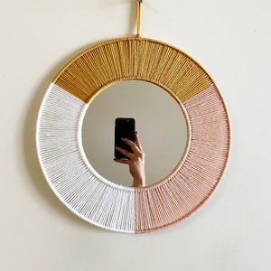 Mustard Pink and White Macrame Mirror / Yarn Macrame Wall Hanging / Nursery and Dorm Decor / Boho Mirror