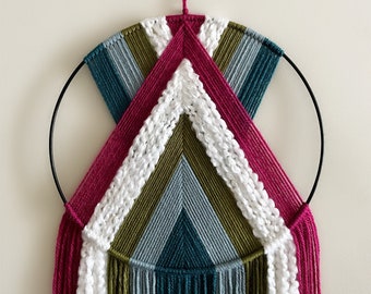 Yarn Hoop Wall Hanging: Magenta, Teal & Blue, Modern Boho Decor
