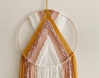 Mustard Pink and White Yarn Hoop Wall Hanging / Modern Boho Decor / Macrame Wall Hanging / Nursery Decor