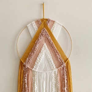 Mustard Pink and White Yarn Hoop Wall Hanging / Modern Boho Decor / Macrame Wall Hanging / Nursery Decor