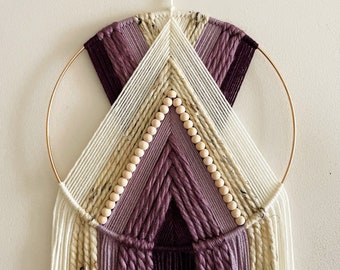 Purple and Beige Beaded Yarn Hoop Wall Hanging / Macrame Wall Hanging / Nursery and Dorm Decor / Modern Boho Decor