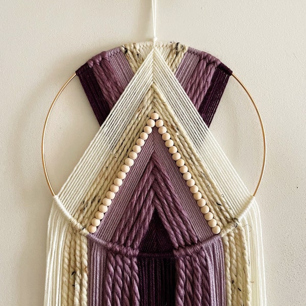 Purple and Beige Beaded Yarn Hoop Wall Hanging / Macrame Wall Hanging / Nursery and Dorm Decor / Modern Boho Decor