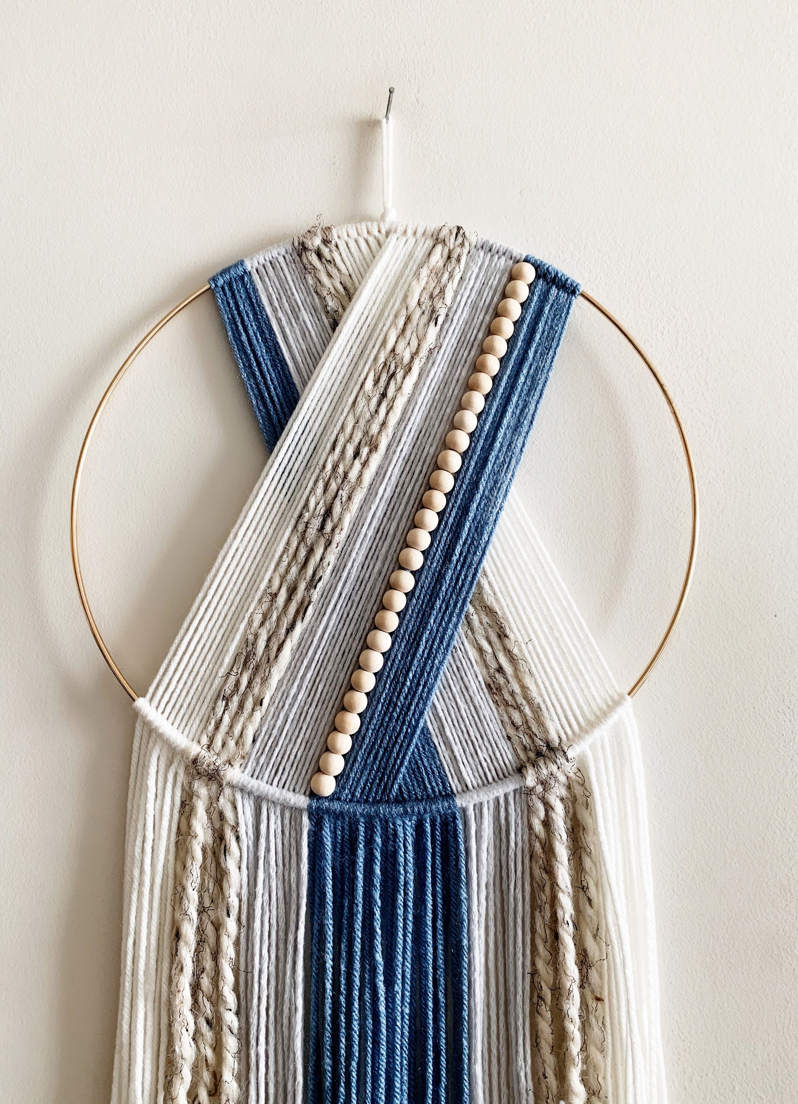 Blue and White Hoop Yarn Wall Hanging / Beaded Wall Hanging / Etsy