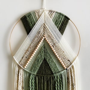 Dark Green and Beige Beaded Yarn Hoop Wall Hanging / Macrame Wall Hanging / Nursery and Dorm Decor / Modern Boho Decor image 1