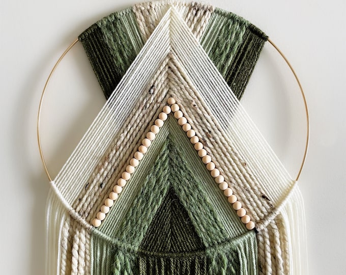Dark Green and Beige Beaded Yarn Hoop Wall Hanging / Macrame Wall Art / Nursery and Dorm Decor / Modern Boho