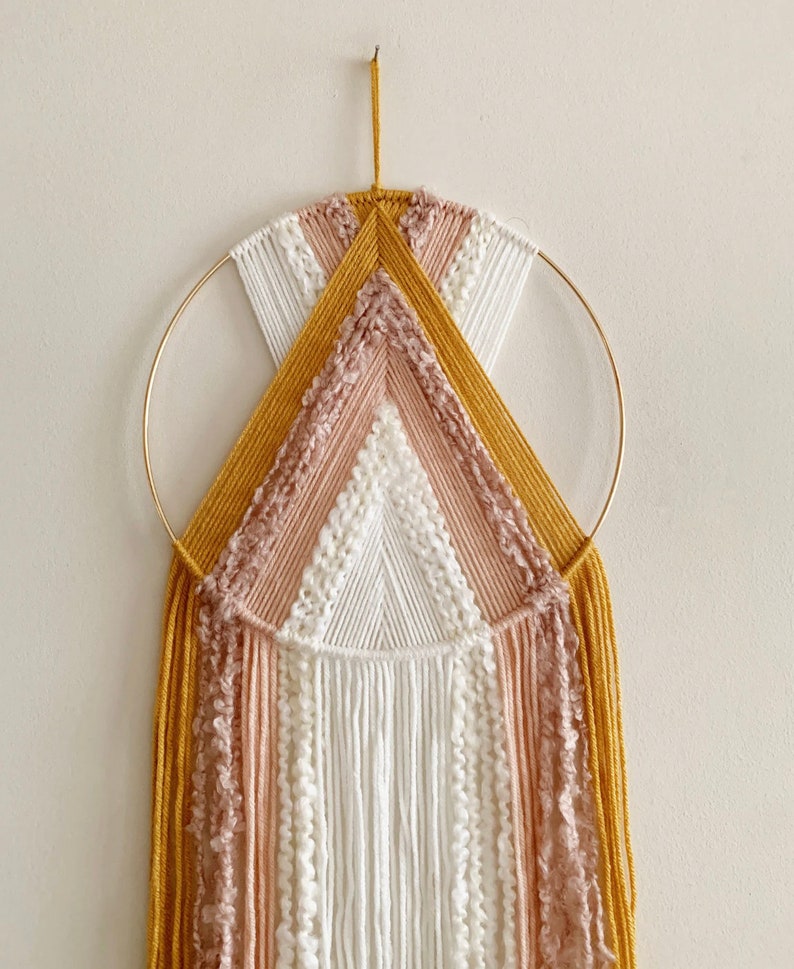 Mustard Pink and White Yarn Hoop Wall Hanging / Modern Boho Decor / Macrame Wall Hanging / Nursery Decor image 3