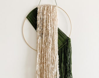 Modern Green and Beige Hoop Yarn Wall Hanging