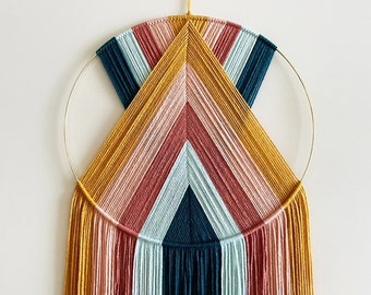 Pink, Blue, and Mustard Hoop Yarn Wall Hanging / Macrame Wall Hanging / Nursery Decor / Modern Boho Decor