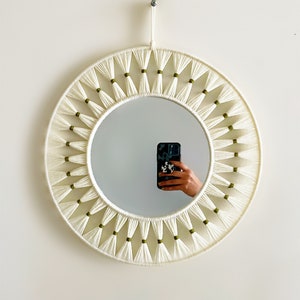 Creamy White and Olive Green Macrame Mirror / Yarn Macrame Wall Hanging / Nursery and Dorm Decor / Boho Mirror