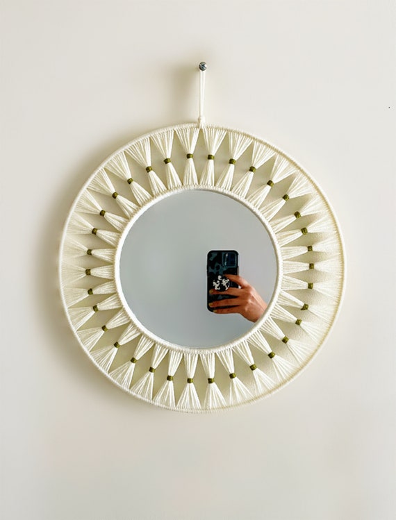 Yarn Macrame Mirror - Creamy White & Olive Green, Boho Wall Hanging