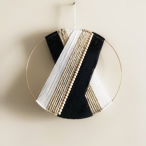 Black Beige and White Beaded Yarn Hoop Wall Hanging NO FRINGE / Macrame Wall Hanging / Boho Nursery Decor