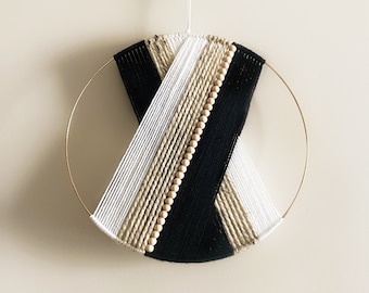 Black Beige and White Beaded Yarn Hoop Wall Hanging NO FRINGE / Macrame Wall Hanging / Boho Nursery Decor