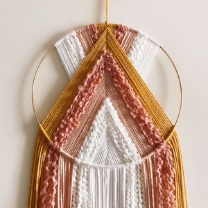 Mustard Pink and White Yarn Hoop Wall Hanging / Modern Boho Decor / Macrame Wall Hanging / Nursery Decor