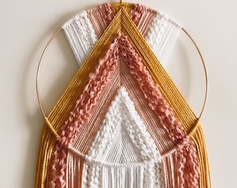 Mustard Pink and White Yarn Hoop Wall Hanging / Modern Boho Decor / Macrame Wall Hanging / Nursery Decor