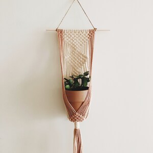 May include: A macrame plant hanger with a pink and white color scheme. The hanger is made of cotton cord and has a tassel at the bottom. A small potted plant is hanging in the macrame.