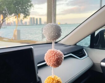 Yarn Pom Pom Car Charm: Boho Rearview Mirror Decor