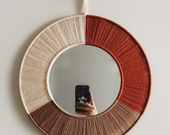 Burnt Orange Brown and Creamy Beige Macrame Mirror / Yarn Macrame Wall Hanging / Nursery and Dorm Decor / Boho Mirror