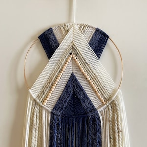 Navy Blue and Beige Beaded Yarn Hoop Wall Hanging / Macrame Wall Hanging / Nursery and Dorm Decor / Modern Boho Decor