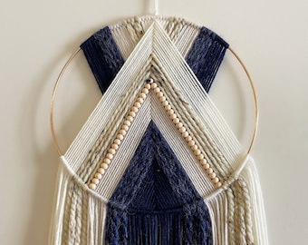 Navy Blue and Beige Beaded Yarn Hoop Wall Hanging / Macrame Wall Hanging / Nursery and Dorm Decor / Modern Boho Decor