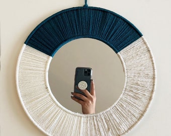 Teal and Beige Macrame Mirror / Yarn Macrame Wall Hanging / Nursery Office and Dorm Decor