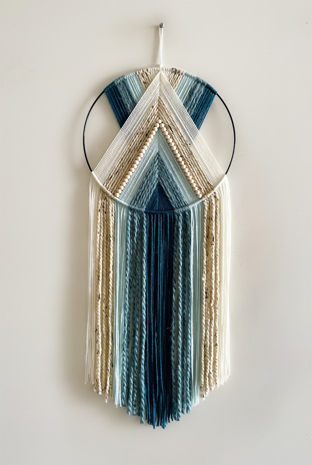 Blue Teal and Beige Beaded Yarn Hoop Wall Hanging with BLACK Hoop / Macrame Wall Hanging / Nursery and Dorm Decor / Modern Boho Decor