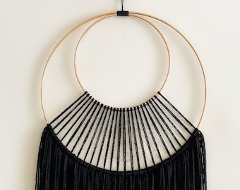 Black Yarn Macrame Wall Hanging / Boho Dorm Decor