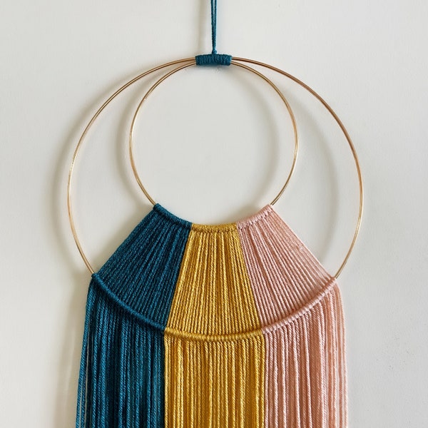 Teal Mustard and Pink Yarn Hoop Wall Hanging / Macrame Wall Hanging / Nursery and Dorm Decor / Modern Boho Decor