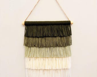 Layered Yarn Wall Hanging / White and Green Modern Boho Decor